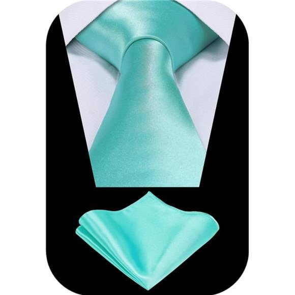 TIE Solid Satin Color Formal Necktie and Pocket Square Sets in Gift Box Teal - Picture 4 of 6